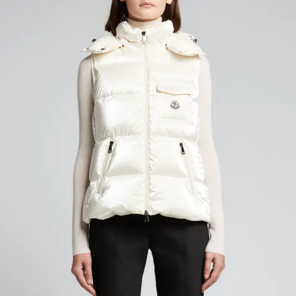 NWT$1550 MONCLER Diotis Hooded Quilted Metallic Pearl Puffer Gilet Vest 1 Small - Picture 4 of 16